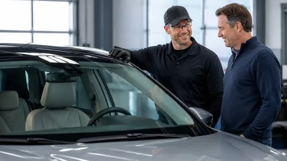 ARRO technician inspecting completed windshield installation